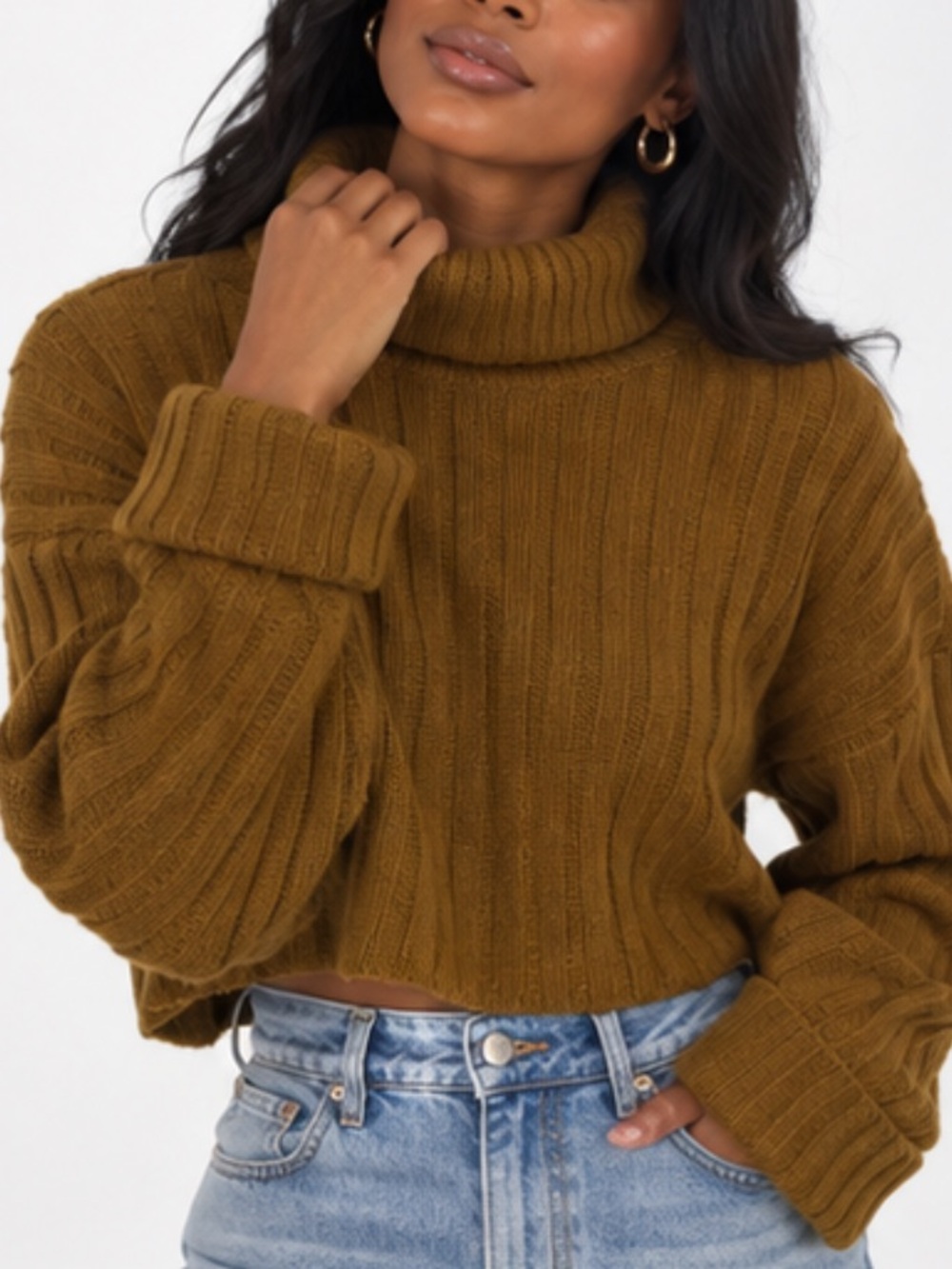 Forever 21 Ribbed Cropped Turtleneck Sweater - Olive